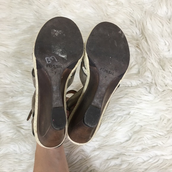 Leather Peep Toe Wooden Espadrille Fossil Wedges - Picture 7 of 8